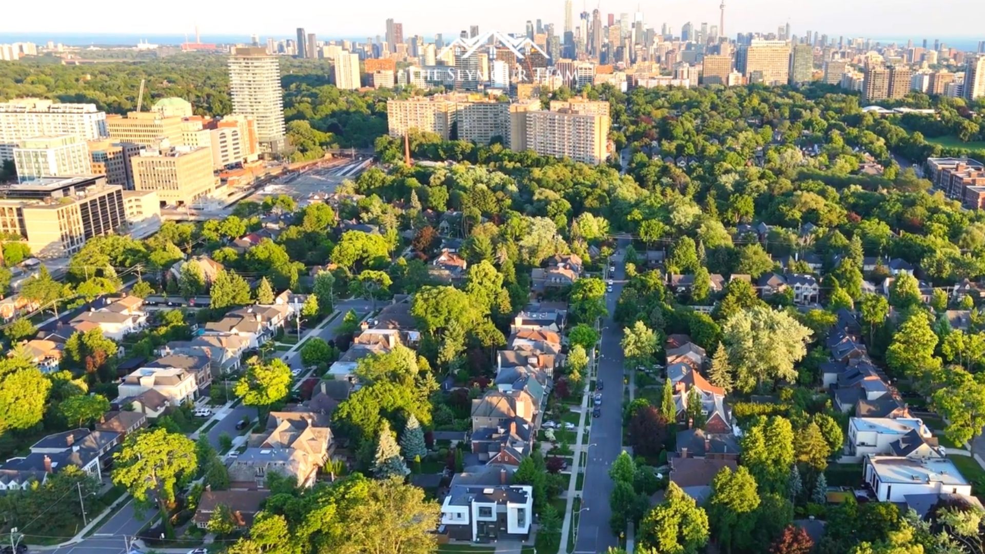 Aerial view of tree-lined residential streets with downtown towers in the distance