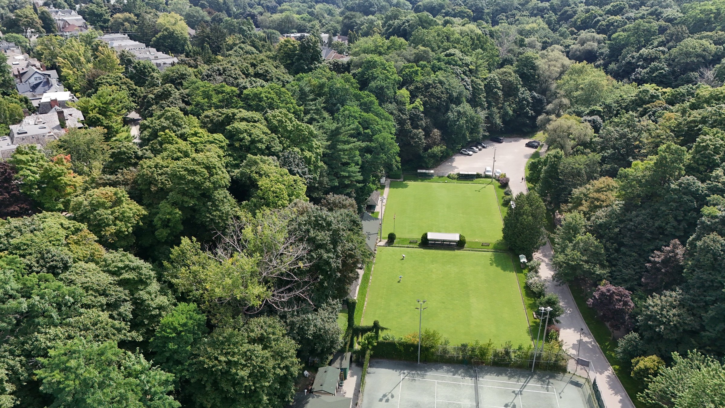 Mature trees, a lawn bowling green and houses in Lawrence Park, Midtown Toronto, seen from above in summer