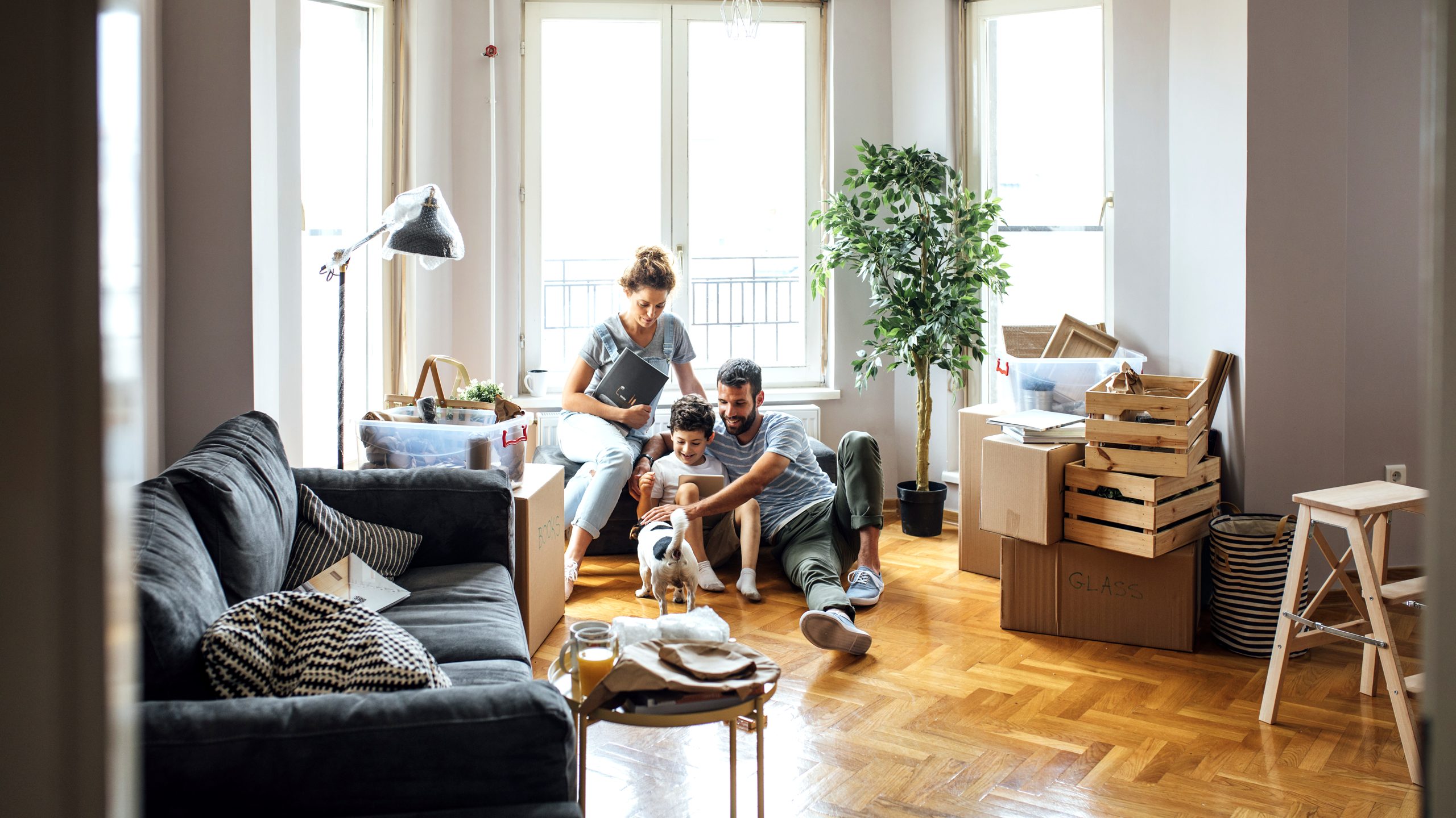 A young family sits among moving boxes in the bright living room of their new apartment, with their dog