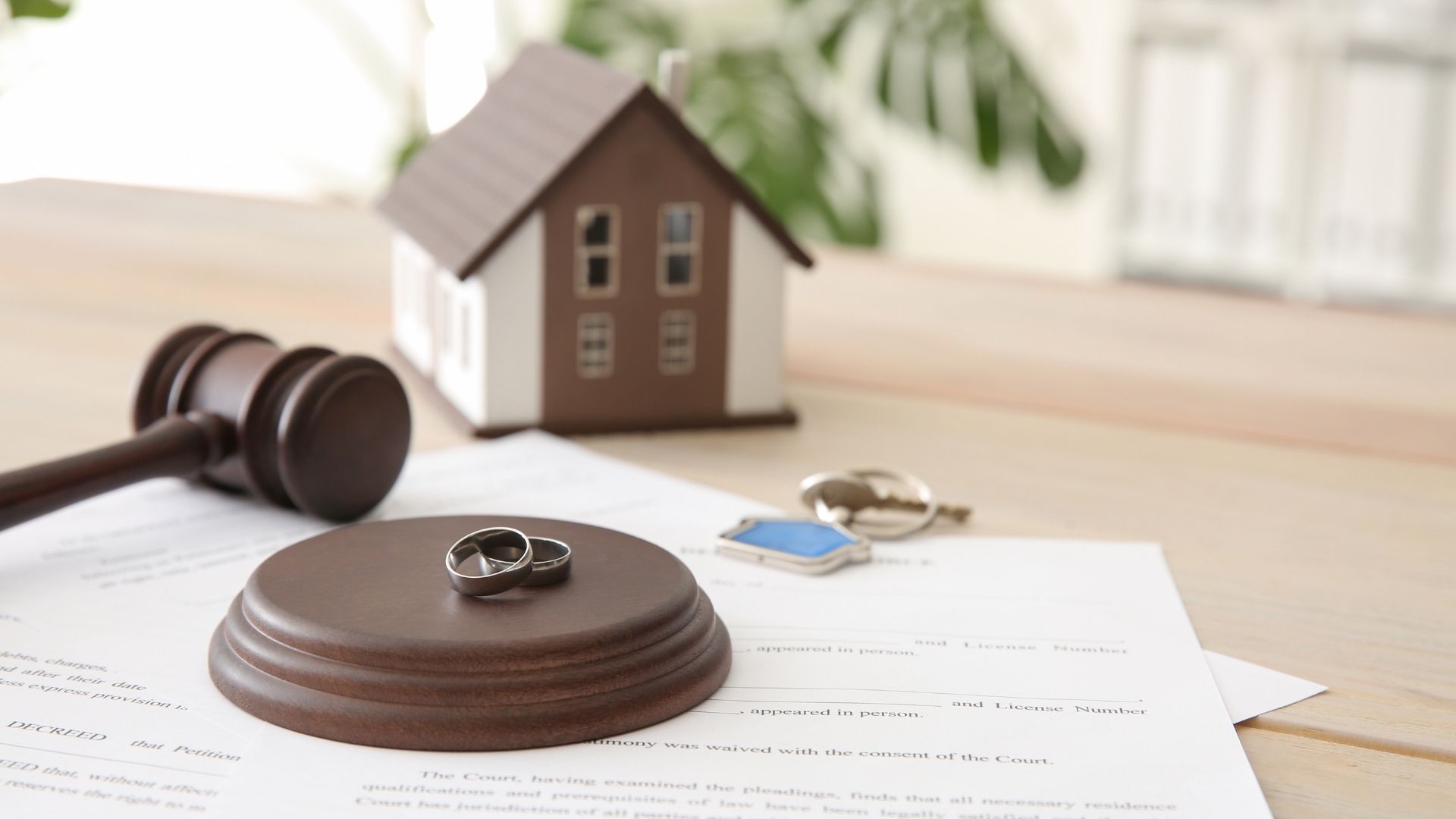 Judge's gavel and wedding rings beside a model house and keys on legal papers