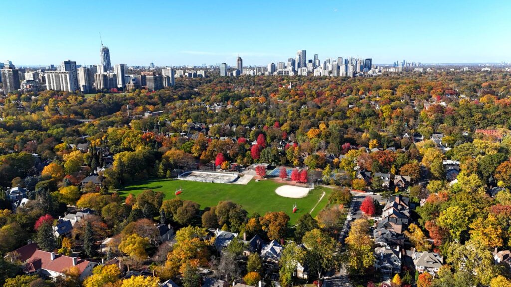 Rosedale Park and the homes around it, with Midtown towers on the horizon, from above in fall