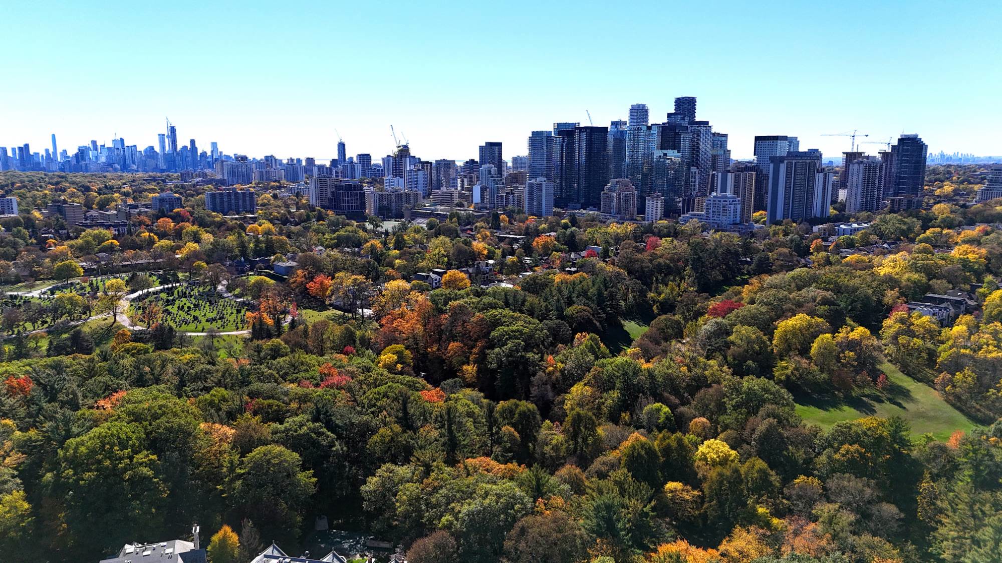 Fall trees and Mount Pleasant Cemetery, the Yonge and Eglinton towers and the downtown skyline beyond, seen from above
