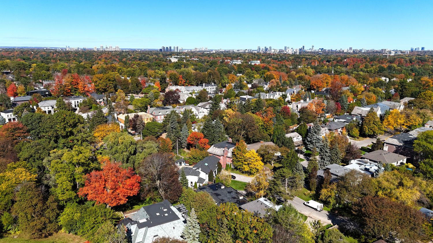 Large houses and fall maples along quiet streets, seen from above