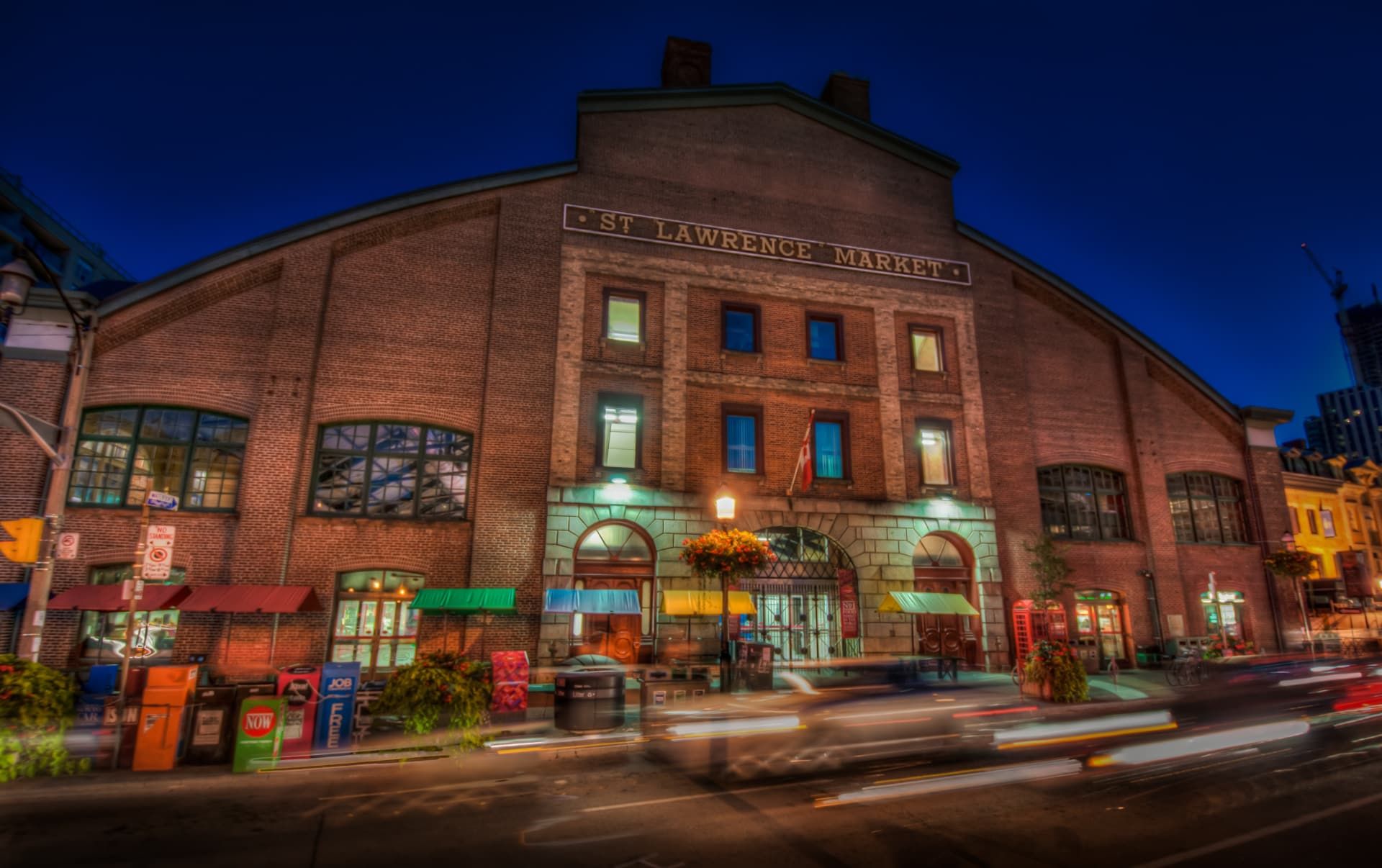 The St. Lawrence Market building lit up at night